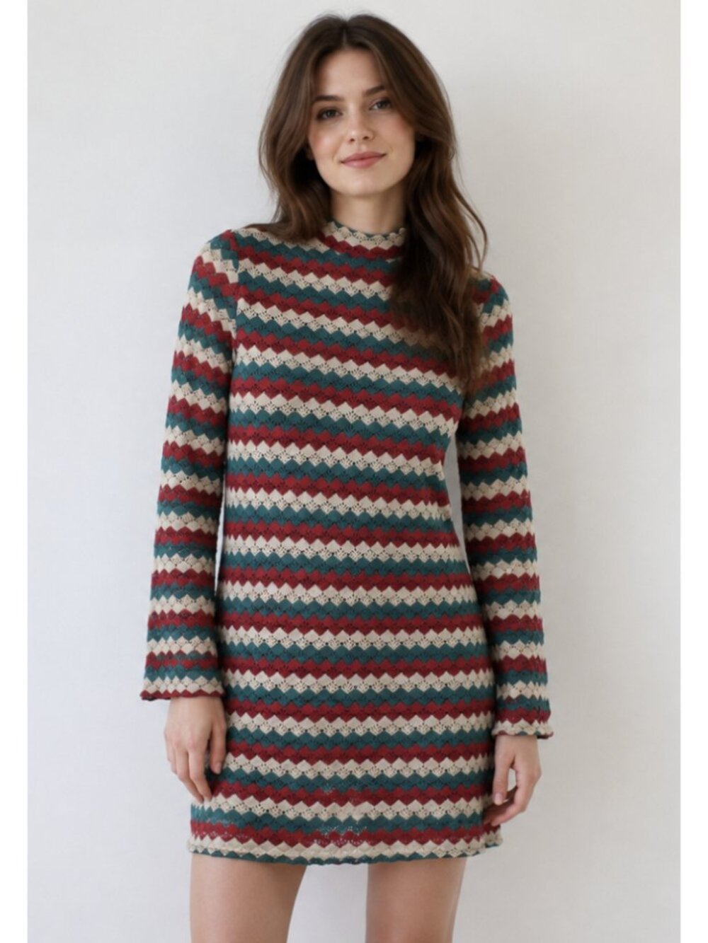 VOODOO VIXEN Retro Chevron Lace Knit Dress Red Green Small Pinup Rockabilly Mod